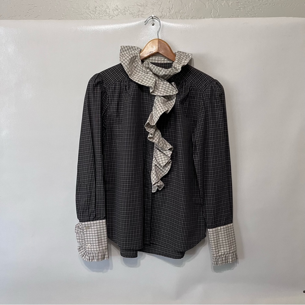 Cara Cara Anne Blouse Ruffled Collar Grey Plaid Shirt 100% Cotton